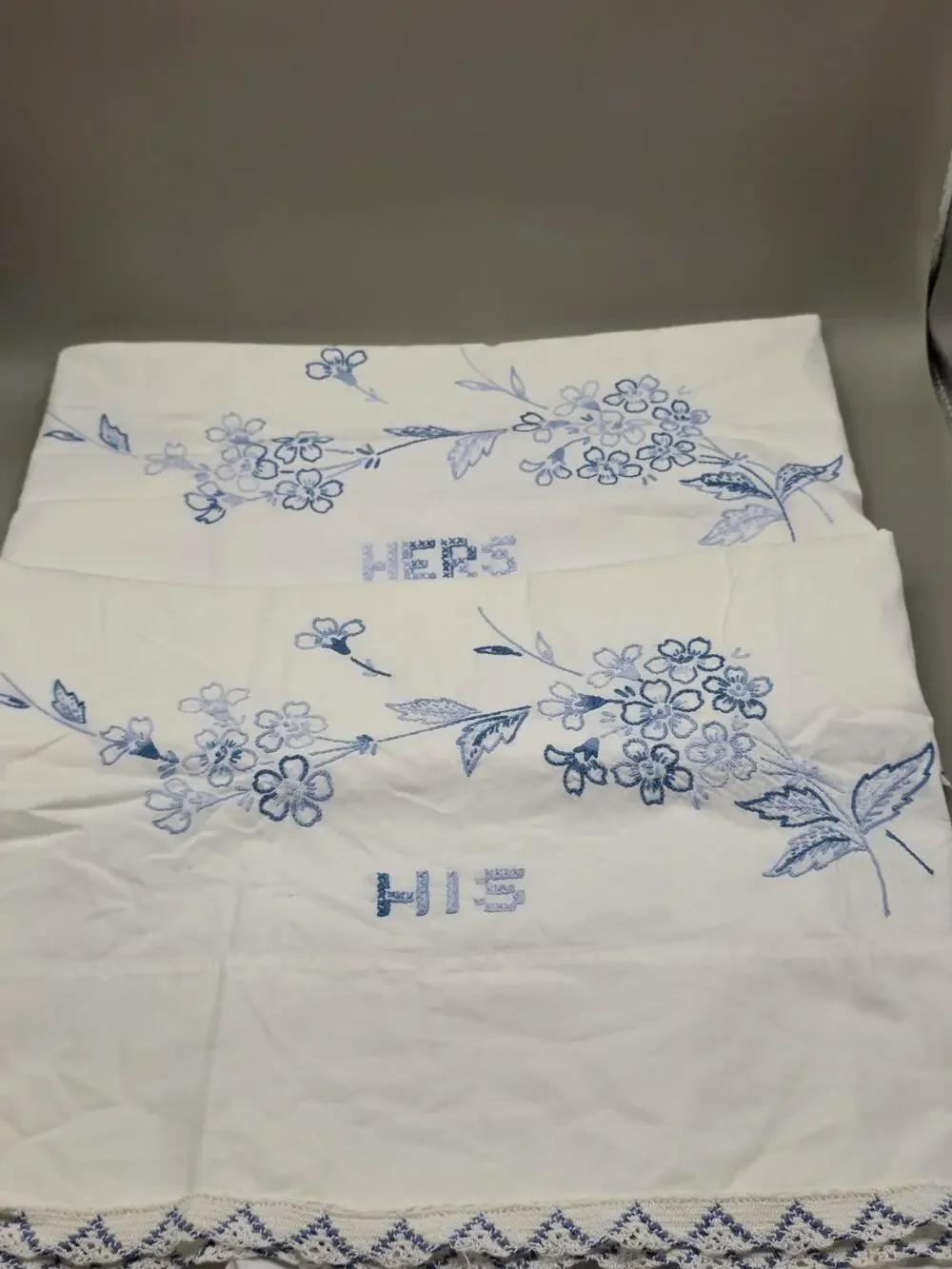 Vintage Embroidered His and Hers Pillowcases Blue Floral Crochet Trim Pair Set
